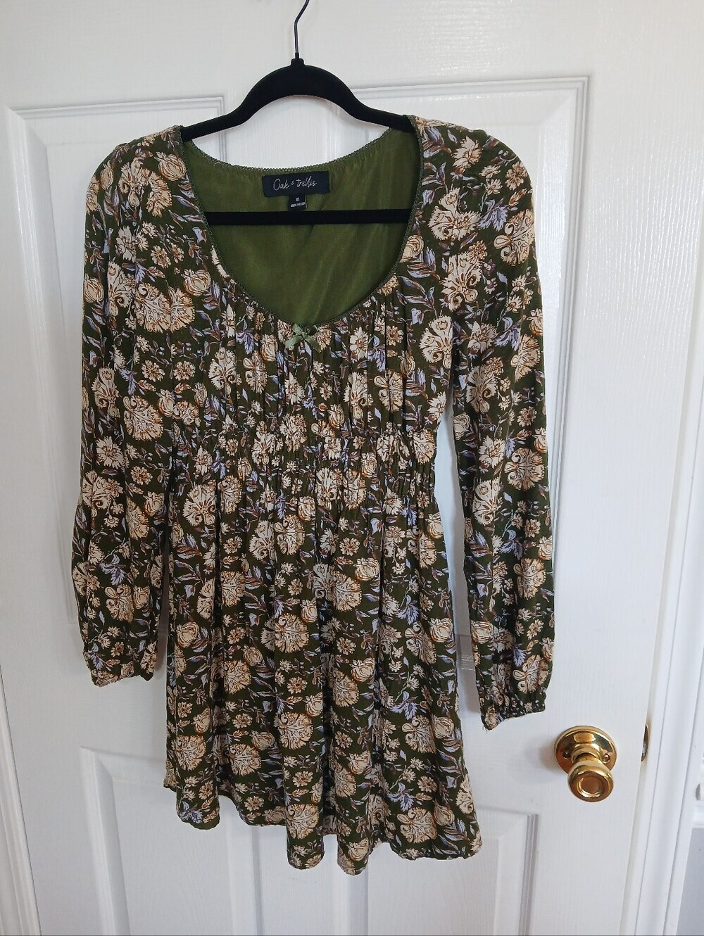 Oak Trellis Floral Green Long Sleeve Mini Dress Babydoll Smocked Waist Boho